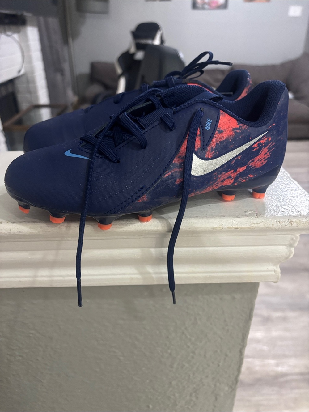 Nike Kids Navy Blue and Orange Soccer Cleats with White Swoosh